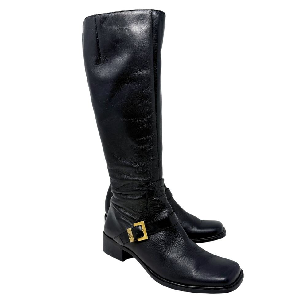 Vintage 90s Etienne Aigner Black Leather Riding Boots 7 Side Zip Made in Brazil